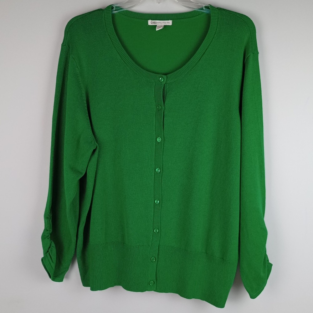 Cato Womens 18/20W Green 3/4 Ruched Sleeve Button Up Knit Cardigan Sweater Top